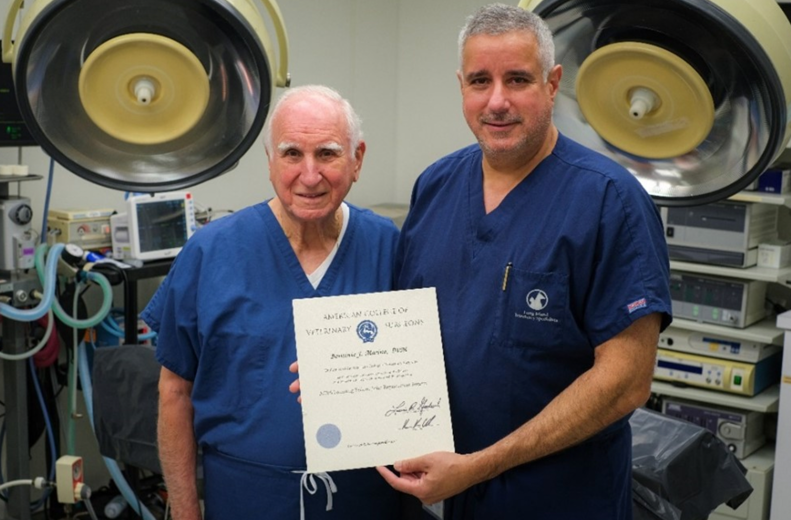 Dr Leonard J. Marino (left) and his son, Dr Dominic J. Marino (right), accredited as an ACVS Founding Fellow in Joint Replacement Surgery (Photo courtesy of Long Island Veterinary Specialists).