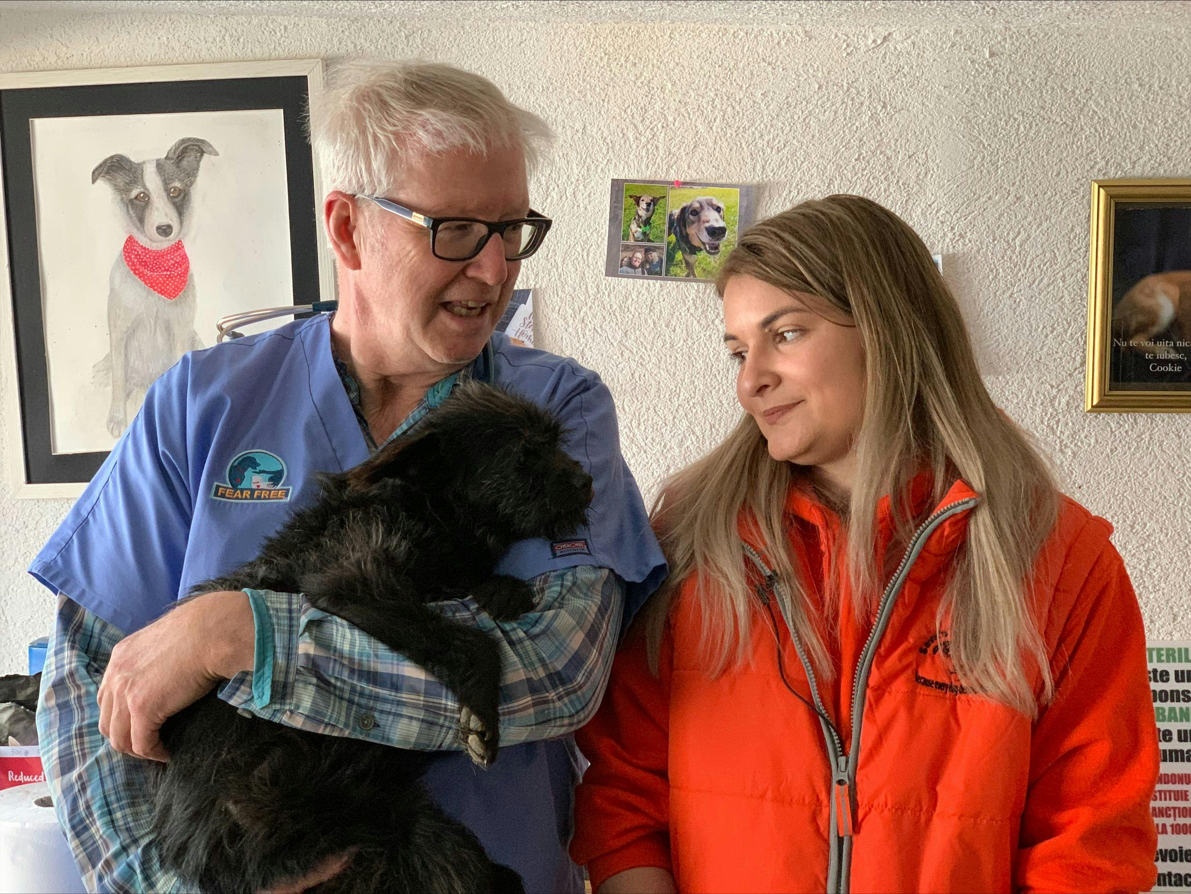 Credit: World Vets

Marty Becker, DVM, (left) with Alexandra Sava of Sava's Safe Haven, a nonprofit shelter near Galati, Romania, and Phyllis, a dog being adopted by Becker.