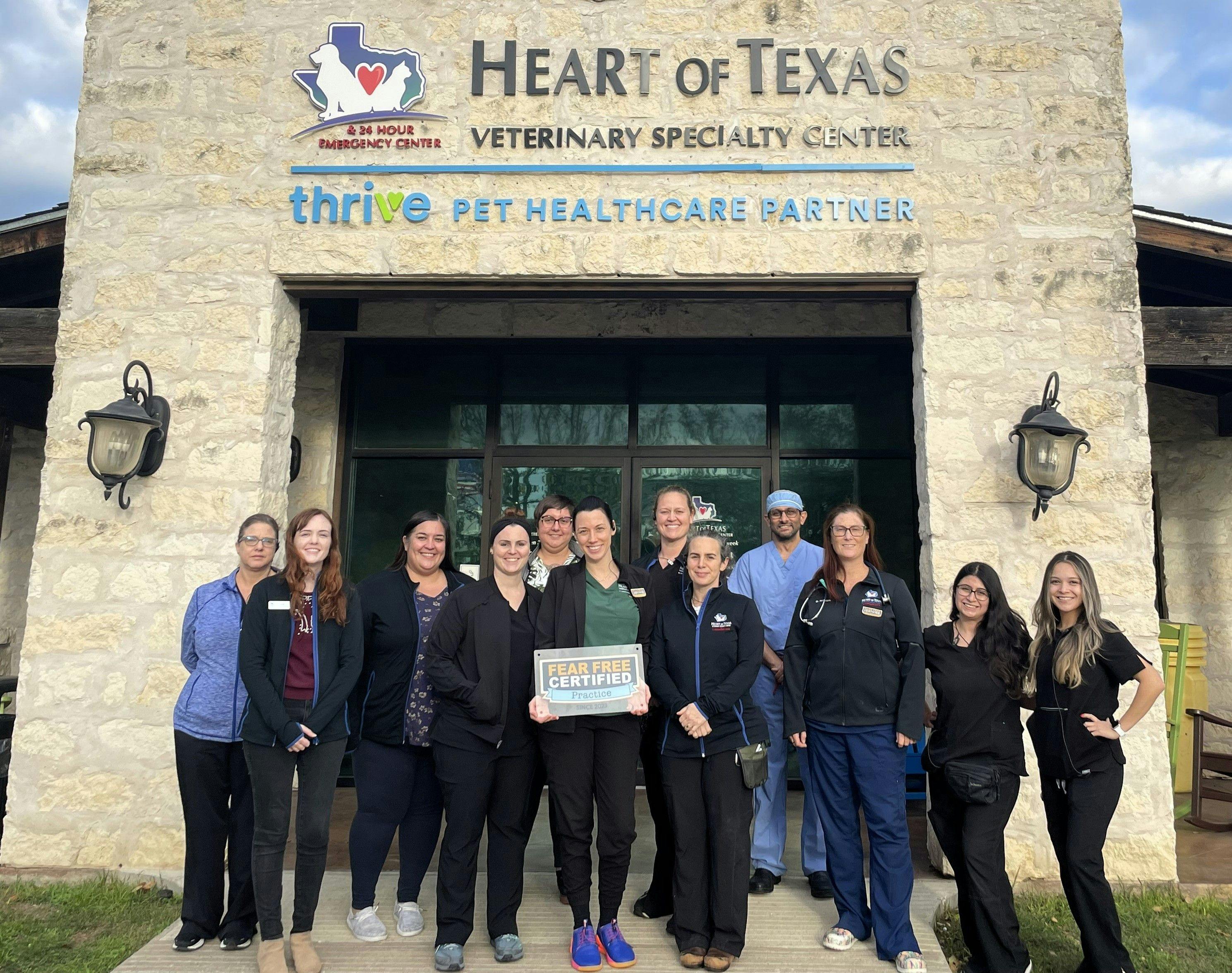 Members of the Heart of Texas Veterinary Specialty and 24-Hour Emergency Center team with their Fear Free certification (Image courtesy of Thrive Pet Healthcare)