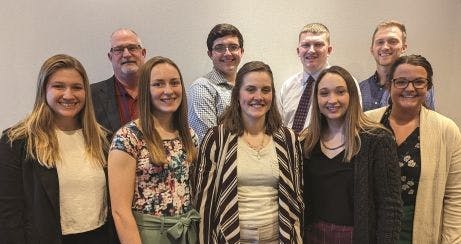 Photo credit: Merck Animal Health

Scholarship recipients (l-r, back) Jack Creel, Kyle Nisley, Lucas Buehler, Justin Moeller; (l-r, front) Hannah Lathom, Katie Parker, Lindsay Miller, Kaci Way, McKenna Brinning; (not pictured) Sam Gerrard, and Allyson Witt were recognized at the 53rd Annual AASV Meeting in Indianapolis, Indiana.