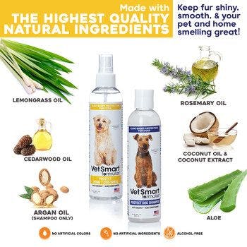 Includes a unique blend of essential oils such as Cedar Wood Oil, Rosemary Oil, Lemongrass Oil, Coconut Oil (and Argan Oil in the Shampoo). (Image courtesy of Pet Wellness Direct)