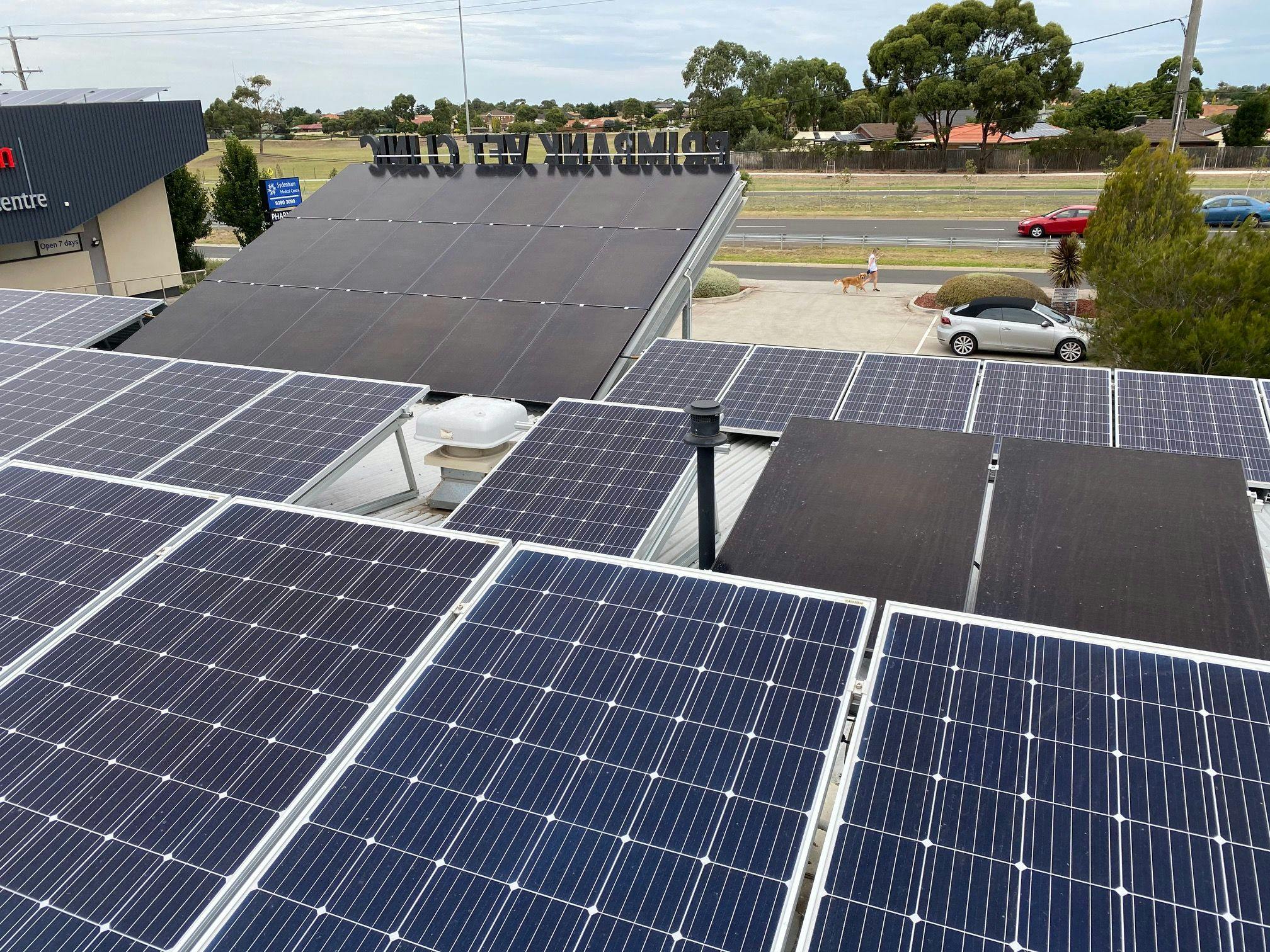Solar panels installed on the roof of Brimbank Vet Clinic (Photo courtesy of Vets for Climate Action).