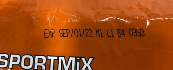 An example of where the lot code is located and what it looks like on the product. (Photo courtesy of Midwestern Pet Foods, Inc)
