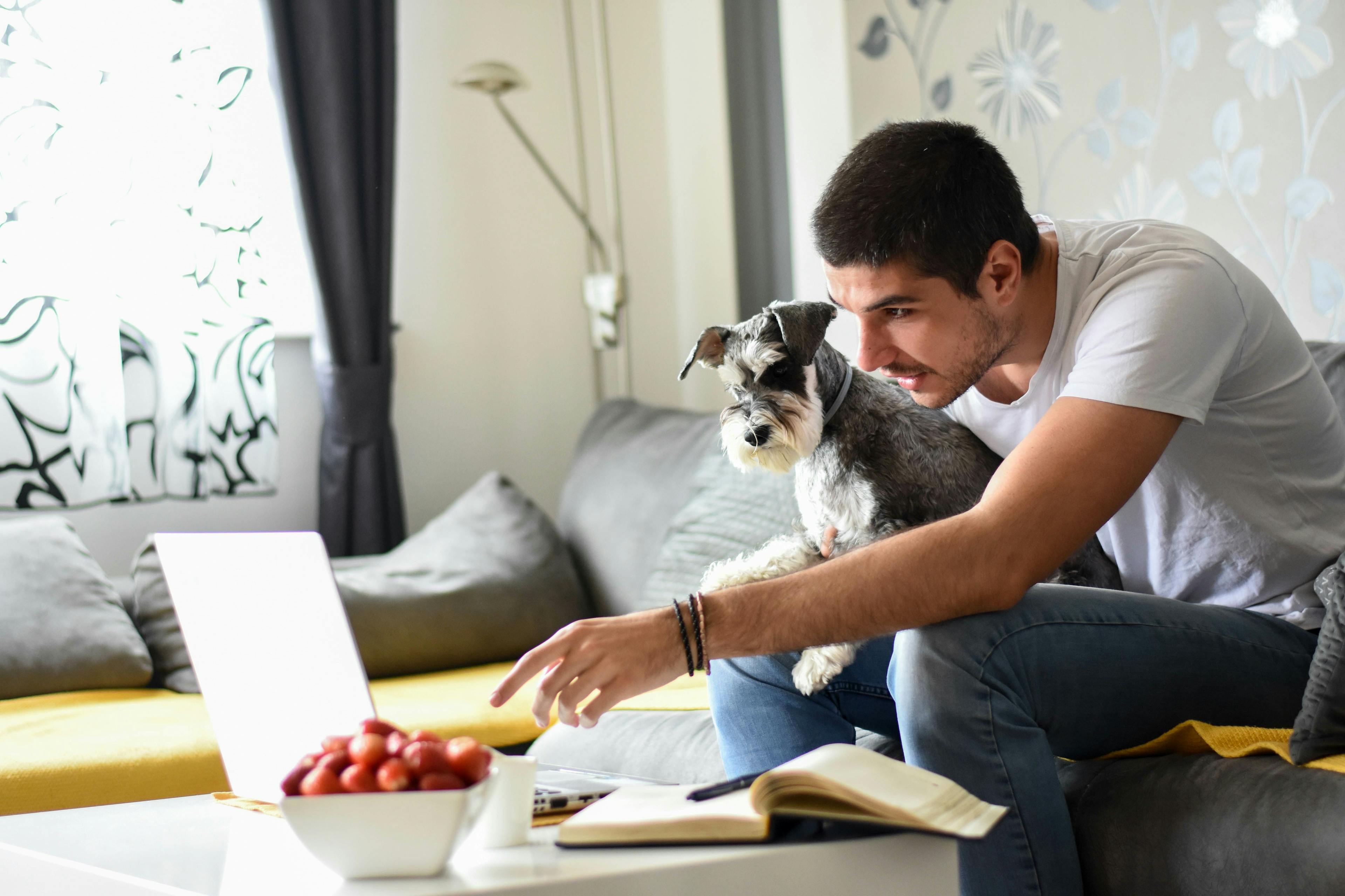 Guy with dog looking at laptop