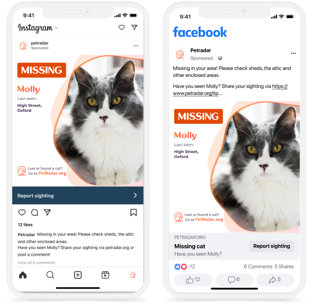 PetRadar helps support cats owners' search with sponsored social media posts (All images photo courtesy of PetRadar). 