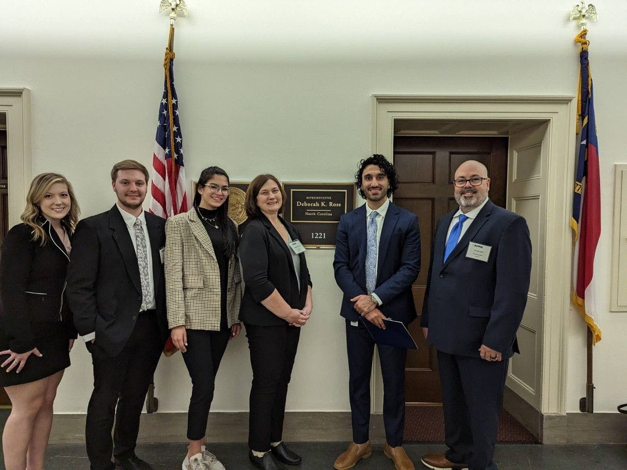 From left to right: Aden Rouse (2nd-year veterinary student at NC State CVM), Zach Cochran (2nd-year student at University of Pennsylvania CVM), myself, Rebecca Stinson, DVM (one of the founders of the Carolina Equine Hospital and the past Vice President of the AVMA), Bardia Asefnia (Congresswoman's legislative assistant), and José Linares, DVM (poultry veterinarian and manager of veterinarian services at CEVA Animal Health LLC).