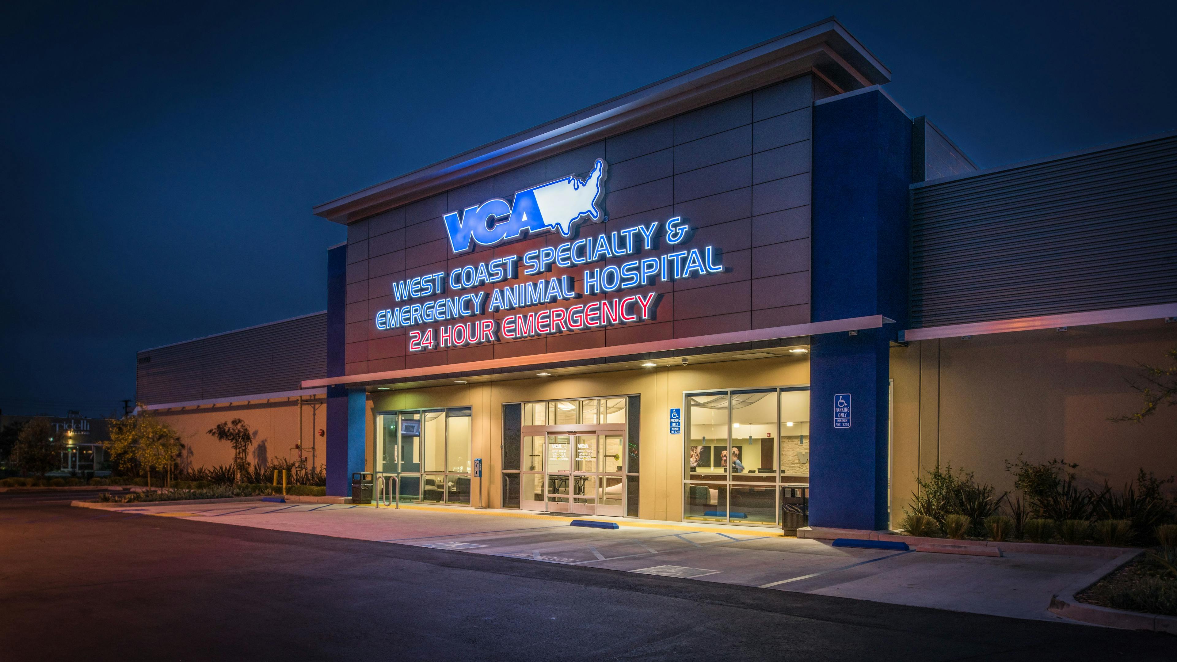 Housed in a former Staples building, VCA West Coast Specialty and Emergency Animal Hospital makes a statement with a large, lighted sign and storefront windows that give the public a peek into the spacious hospital.