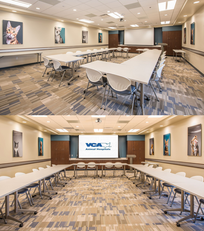 A conference room that seats 50 was a good addition to the hospital, as the team often holds internal meetings here, as well as morning reviews of case rounds and monthly continuing education meetings for local veterinarians and technicians.
