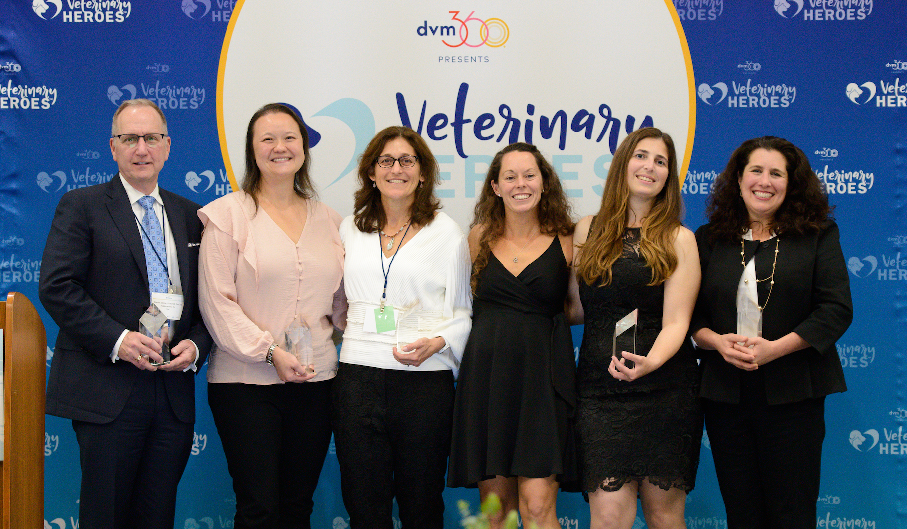 Veterinary HeroesTM award recipients (left to right) Daniel Stobie, DVM, MS, DACVS; Susie Martin; Charity J. Uman, MS, DVM; CPT Kelly Willard, DVM; Maria Ierace, DVM, DACVD; and Caeley J. Melmed, DVM, DACVIM (SAIM) were honored Wednesday during a celebration gala at the San Diego Convention Center. dvm360® also recognized Veterinary HeroesTM winners Curtis Wells Dewey, DVM, MS, DACVIM (Neurology), DACVS, CTCVMP, CCRP; and Inger Reres, LVT, VTS (SAIM).
