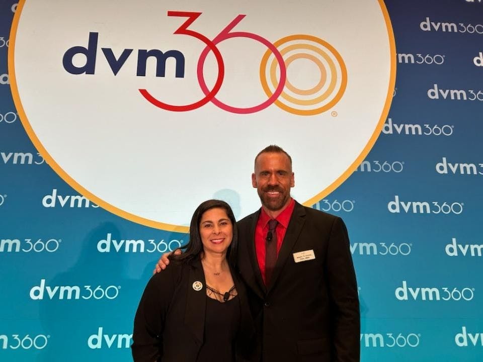 Keynote speaker Dr Mariana Pardo (left) all smiles before her presentation with dvm360® chief veterinary officer Dr Adam Christman (right).  